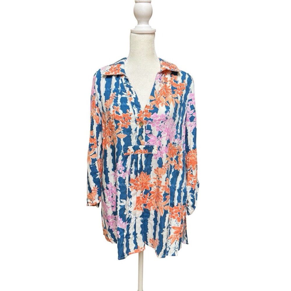 Ruby Rd Floral Stripe Tunic Blouse M 100% Rayon Resort